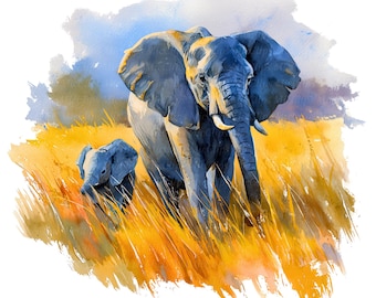 16 imagens de elefantes em aquarela, mãe e filhote, tema safári africano para quarto de bebê, PNGs para impressão, download digital, artesanato em papel, diário.