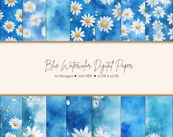 Blue Watercolor Digital Paper Blue Digital Prints Daisy Digital Paper Junk Journal Paper Summer Floral Pattern Digital Flower Background