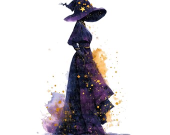 10 Watercolor Witch Clipart, Halloween Witch, Printable Watercolor clipart, High Quality PNG, Digital Download, Paper Craft, Journaling