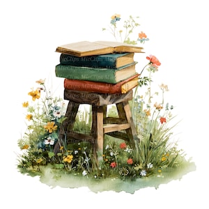Puede incluir: Ilustración en acuarela de una pila de libros sobre un pequeño taburete de madera, rodeada de flores silvestres y vegetación. Los libros son de varios colores, incluyendo verde, rojo y azul, con páginas amarillentas. La escena evoca la lectura y la naturaleza.