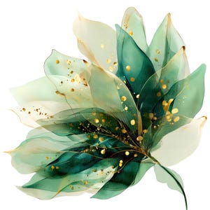 以下が含まれることがあります： 重ねられた花びらを持つ、様式化された花の芸術的なイラスト。 花びらは柔らかな白から緑の色合いに変化し、金色の斑点と繊細な金の線でアクセントがつけられています。 全体的なデザインはエレガントで植物的です。