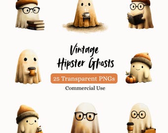 25 Fall Ghost Clipart, Autumn Boho Ghost Clip Art, Watercolor Hipster Ghost, Junk Journal, Digital Download, Vintage Ghost PNG, Spooky Ghost