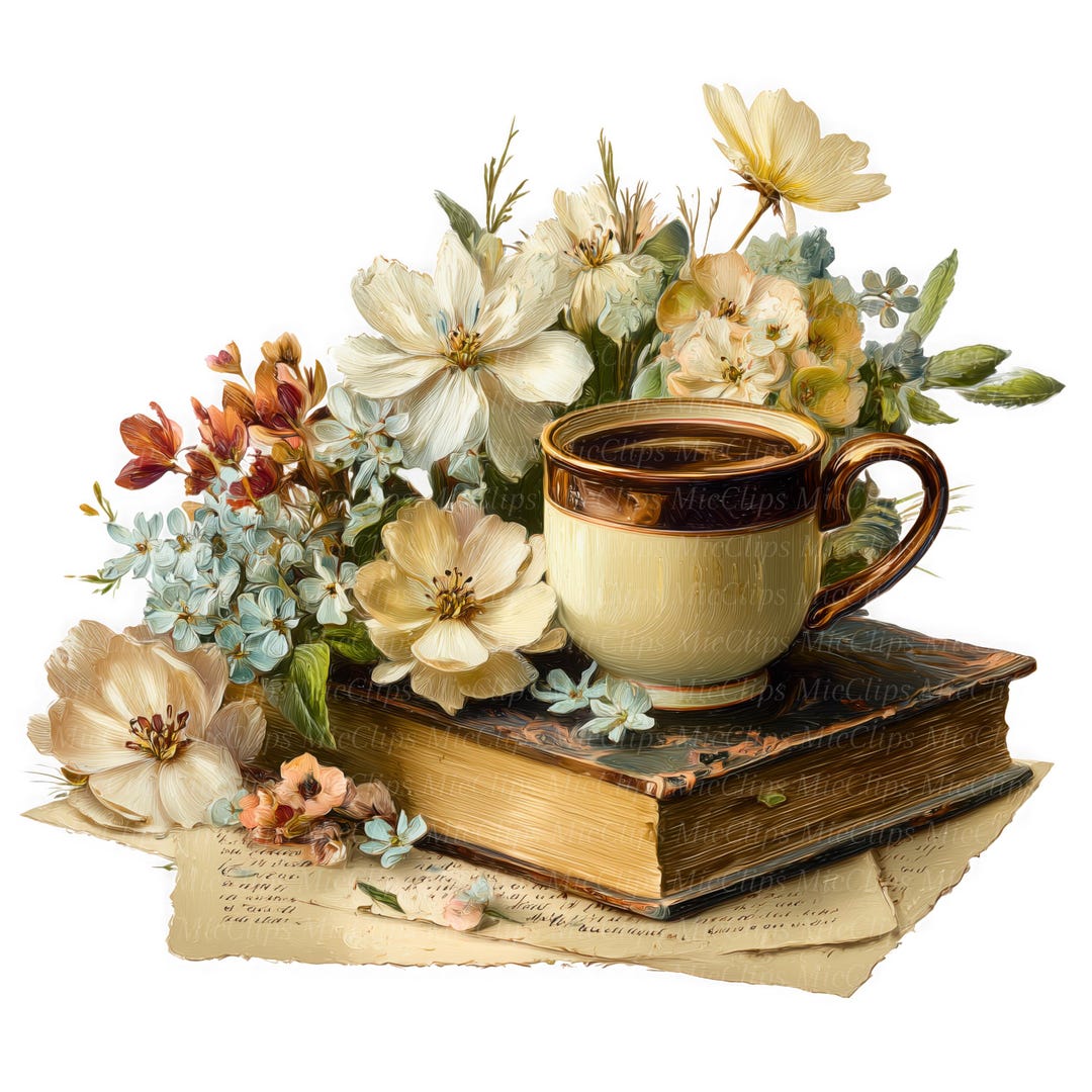 12 Coffee and Book Clipart, Vintage Floral Books, Cozy Printable ...