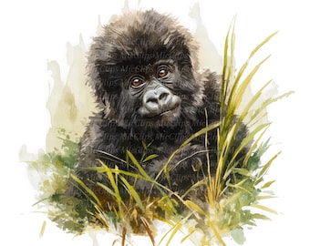 12 imagens de filhotes de gorila, animais brincalhões da selva, filhote e mãe gorila, macacos pendurados, PNGs de alta qualidade, download digital, para diário de arte.