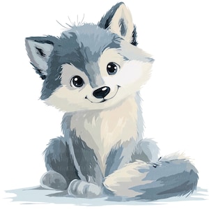 Puede incluir: Ilustración de dibujos animados de un adorable cachorro de lobo en tonos grises y blancos. El cachorro de lobo está sentado, con una cola esponjosa y una sonrisa amistosa. La imagen tiene un estilo suave, similar a la acuarela, ideal para productos infantiles.