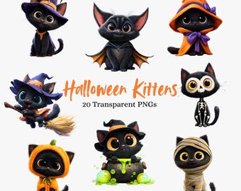 20 clipart de gatinhos de Halloween, fantasia de gato PNG, clipart de Halloween, gatinho fofo, PNGs de alta qualidade, download digital, artesanato em papel, diário de lixo
