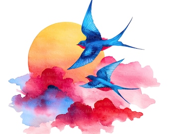 10 clipart de andorinhas em aquarela, pássaros em voo, PNGs de alta resolução, download digital, diário de lixo, clipart para impressão, arte de parede