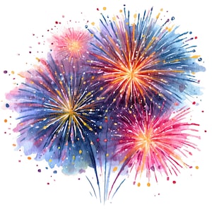 Può includere: Illustrazione ad acquerello di fuochi d'artificio colorati su sfondo bianco. L'immagine presenta tonalità vibranti di rosa, blu, arancione e giallo, con delicate pennellate e uno stile artistico morbido. L'immagine evoca un senso di festa.