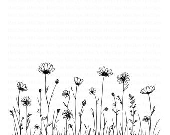 Könnte beinhalten: Schwarz-Weiß-Linienzeichnung von Wildblumen und Gras. Das Bild zeigt verschiedene Arten von Blumen mit detaillierten Blütenblättern und Stielen sowie Grashalmen am unteren Rand. Das Design ist einfach und elegant.