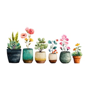 May include: Watercolor illustration of six potted plants. The plants include succulents, flowering plants, and leafy greens. The pots are in various colors, including teal, black, and brown. The image is set against a white background.