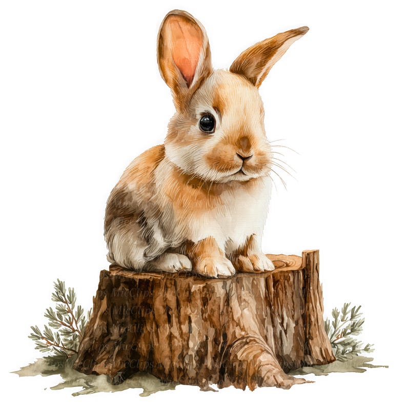 Tree Stump Rabbit 10 Woodland Bunny Clipart, Baby Rabbit, Floral Tree Stump, Printable ...
