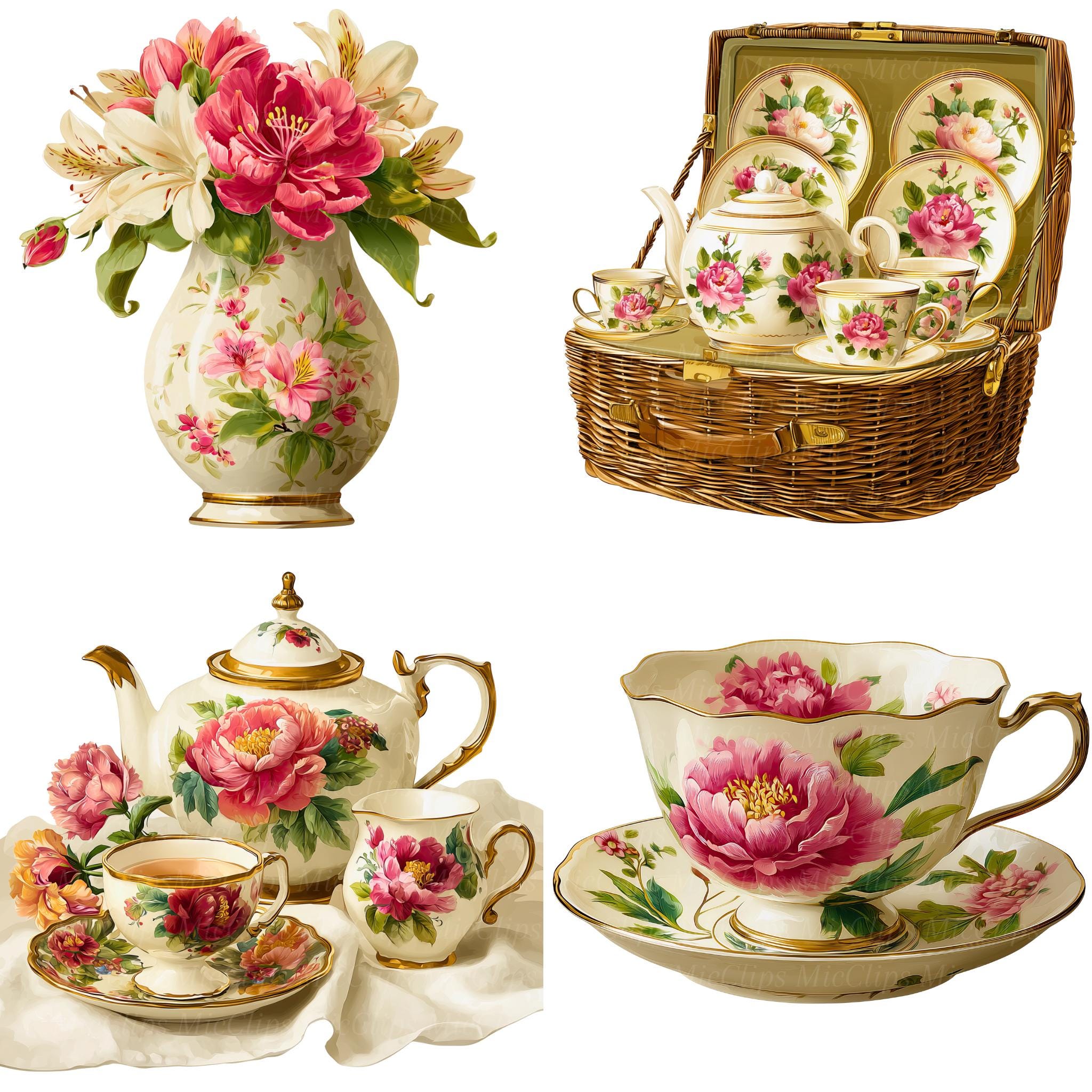 16 ピンクの牡丹ティーセット クリップアート、ヴィンテージ ティー