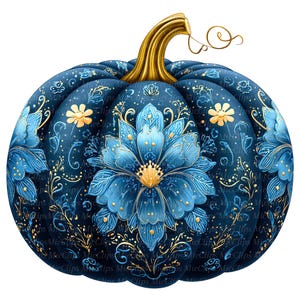 May include: A decorative pumpkin with a dark blue base, adorned with intricate floral patterns in shades of blue and gold. The pumpkin features a golden stem and a central flower design, perfect for fall decor.
