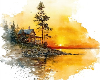 Sunset Lake Watercolor Clipart: Landscape Wall Art (Digital Download, JPGs)