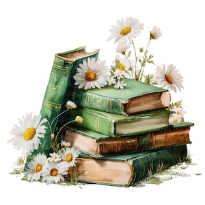 May include: A watercolour illustration depicts a pile of old green books with tan-coloured pages. White daisies with yellow centres and green stems are arranged around the books, creating a floral and literary theme.