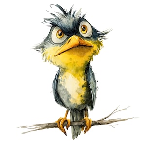 May include: Watercolor illustration of a cartoon bird with a quizzical expression. The bird has yellow and blue plumage, a large yellow beak, and big, expressive eyes. It is perched on a thin, brown branch against a white background.