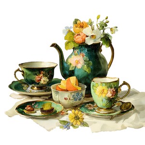 Könnte beinhalten: Ein Vintage-Teeservice mit einer tealfarbenen Teekanne, zwei Tassen, Untertassen und einer kleinen Schale, alle mit Blumenmustern verziert. Eine Schüssel mit Orangenscheiben und ein Blumenstrauß vervollständigen das Arrangement. Das Set steht auf einem weißen Tuch.