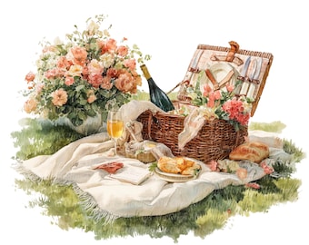 Piquenique romântico em aquarela, 12 ilustrações de cestas de piquenique florais, buquê de flores, PNGs de alta qualidade, download digital, ideal para diário de arte e artesanato.