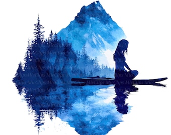 12 imagens de pranchas de stand-up paddle ao pôr do sol, montanhas em aquarela, lago ao nascer do sol, garota em prancha de stand-up paddle, PNGs para impressão, uso comercial, diário de arte