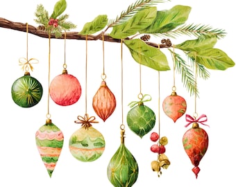 16 clipart de decoração de Natal, enfeites pendurados, clipart de aquarela para impressão, PNGs de alta qualidade, download digital, artesanato em papel, diário de sucata