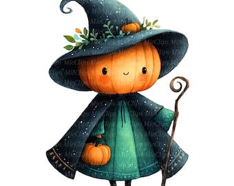 12 Cute Pumpkin Clipart, Pumpkin Character Clipart, Cute Witch Clipart, Halloween Pumpkin PNG, Digital Download, Paper Craft, Junk Journal