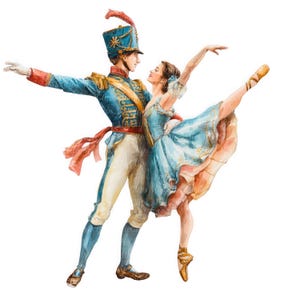 Op de afbeelding: Waterverfillustratie van een balletpaar in historische kostuums. De man draagt een blauw militair jasje en hoed, de vrouw een blauwe jurk. De afbeelding heeft een zachte, romantische uitstraling, met een witte achtergrond.