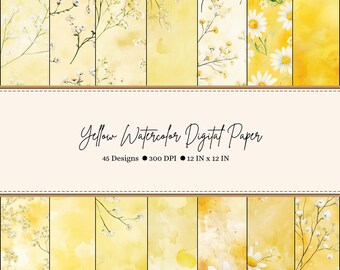 Papel digital aquarela amarelo, impressões digitais de margaridas, papel de diário de lixo, padrão floral de verão, papel digital de fundo de flores, JPGs imprimíveis