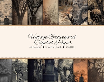 Papel Digital Vintage para Cemitério, 40 Designs Assustadores para Scrapbooks, Temas Nebulosos de Halloween, JPGs de Alta Qualidade, Download Digital, Diários de Lixo