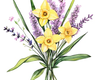 May include: Watercolor illustration of a bouquet of flowers. The arrangement features three bright yellow daffodils, purple lavender, and green leaves. The flowers are tied together at the stems, creating a vibrant and natural composition.