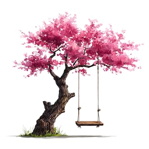 12 Watercolor Cherry Blossom Clipart, Floral Tree Park Bench, Wooden Swing, Blooming Flowers, Printable PNGs, Digital Download, Paper Craft