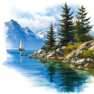 14 Mountain Lake Clipart, Mountain Landscape Wall Art, Printable Watercolor Clipart, High Quality JPGs, Digital download, Paper craft