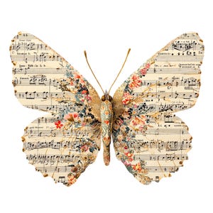 May include: A decorative butterfly with wings made from vintage sheet music and floral patterns. The butterfly's body is gold, and the wings feature a mix of musical notes and colorful flowers in red, pink, and blue.