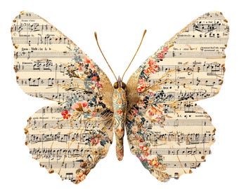 10 imagens vintage de partituras musicais, com design floral de rosas e borboletas, notas musicais, PNGs em aquarela para impressão, download digital, artesanato em papel.