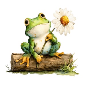 May include: Watercolor illustration of a green frog with yellow accents, holding a white daisy with a yellow center. The frog is sitting on a brown log with green grass and is set against a white background.