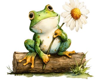 12 imagens de sapos da floresta, sapo da mata carregando uma margarida, sapos sentados em um tronco, PNGs em aquarela para imprimir, download digital, diário de arte