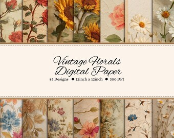 Papel digital floral vintage, papel para scrapbook com flores desbotadas, fundo de girassol, artesanato digital para impressão, JPGs de alta qualidade, diários antigos