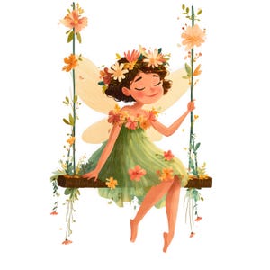 May include: A whimsical illustration of a fairy on a swing. The fairy has brown hair, a floral crown, and a green dress adorned with flowers. The swing is decorated with vines and orange flowers, set against a white background.