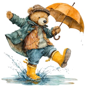 Op de afbeelding: Waterverfillustratie van een teddybeer met een groene jas, gestreept vest, blauwe jeans en gele regenlaarzen. De beer houdt een oranje paraplu vast en spettert in een plas. De beer draagt een bruine hoed.