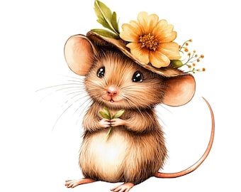 12 cliparts fofos de camundongos, camundongos com flores, clipart para impressão, JPG de alta qualidade, download digital, arte de diário, arte de parede, artesanato em papel