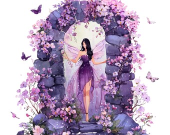 14 imagens de fadas roxas, fadas da floresta de lavanda, fadas florais, arco mágico da floresta, PNGs em aquarela para impressão, download digital.