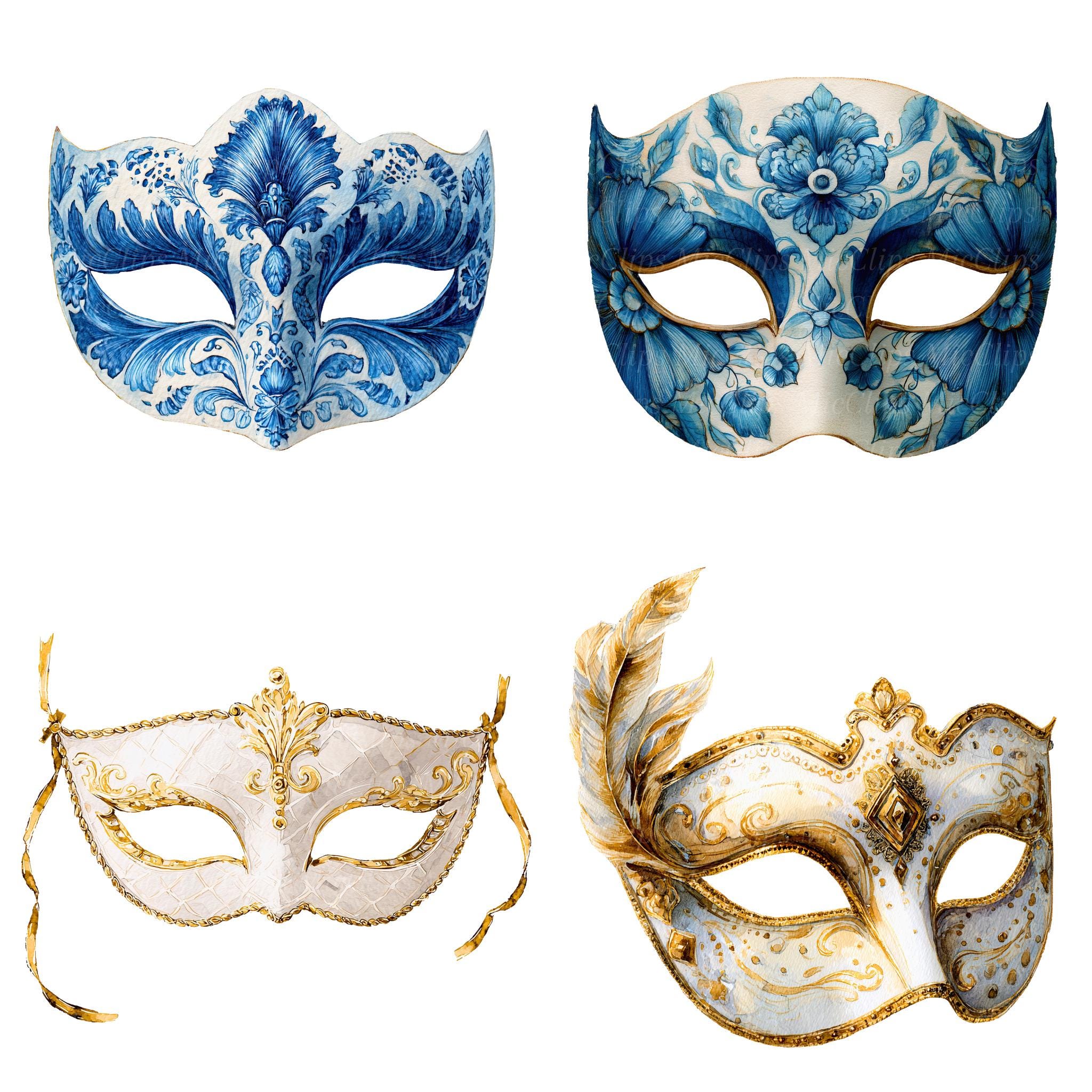 Floral Mask Watercolor Clipart, Vintage Carnival Design (digital ...