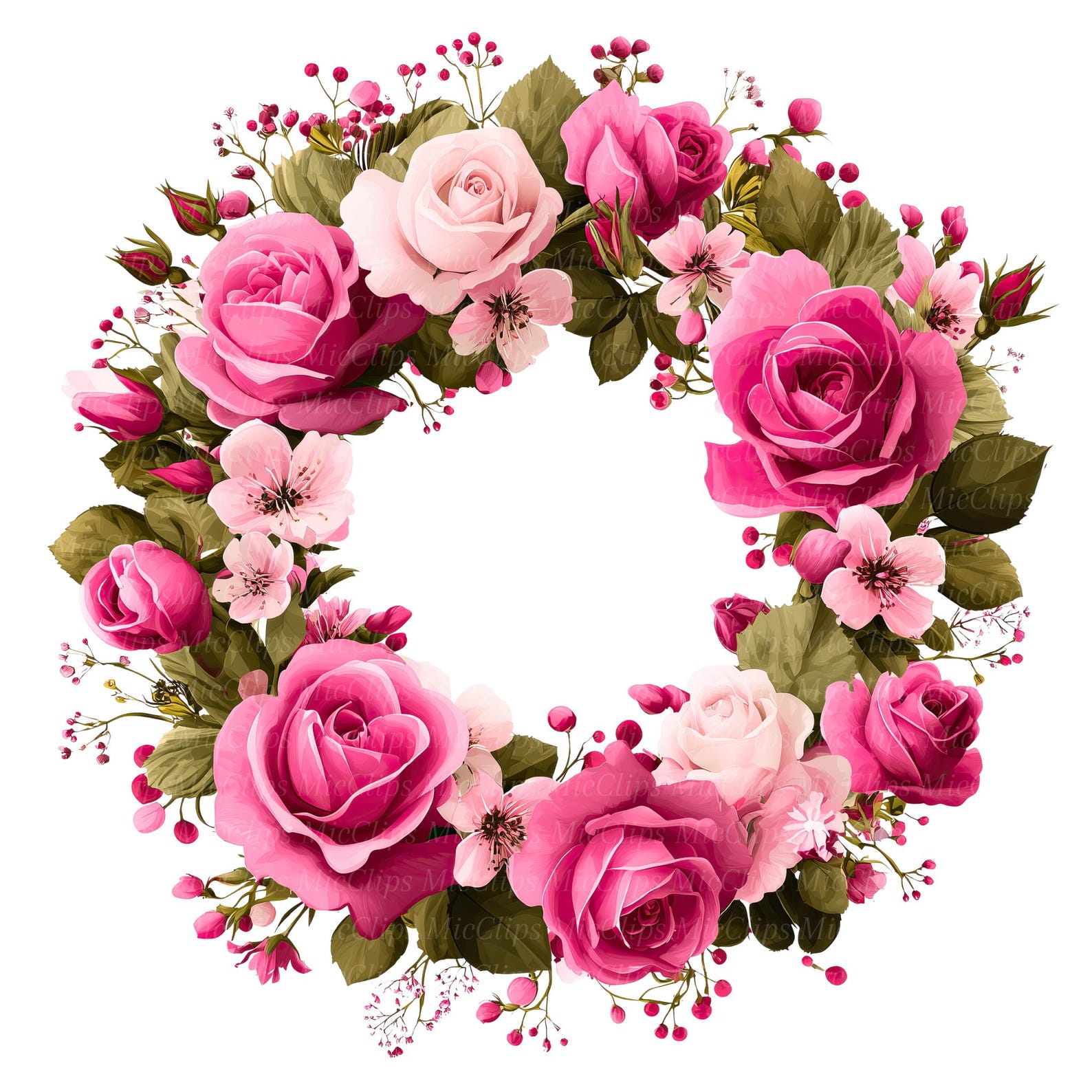 Pink Rose Wreath Clipart Bundle: Watercolor Floral Pngs (digital ...