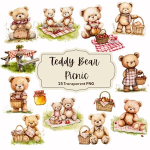 Op de afbeelding: Waterverfillustraties van teddyberen die picknicken. De beren worden afgebeeld met picknickmanden, potten honing en zittend op picknickdekens. De afbeelding bevat een picknicktafel en de tekst "Teddy Bear Picnic, 25 Transparent PNG."