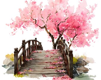 12 imagens de pontes de cerejeiras em flor, ponte de pedra com flores, flores da primavera em plena floração, PNGs em aquarela para impressão, download digital, ideal para diários de arte.