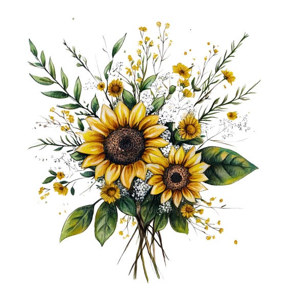 ひまわりの花束の水彩クリップアート、花のイラスト（デジタル