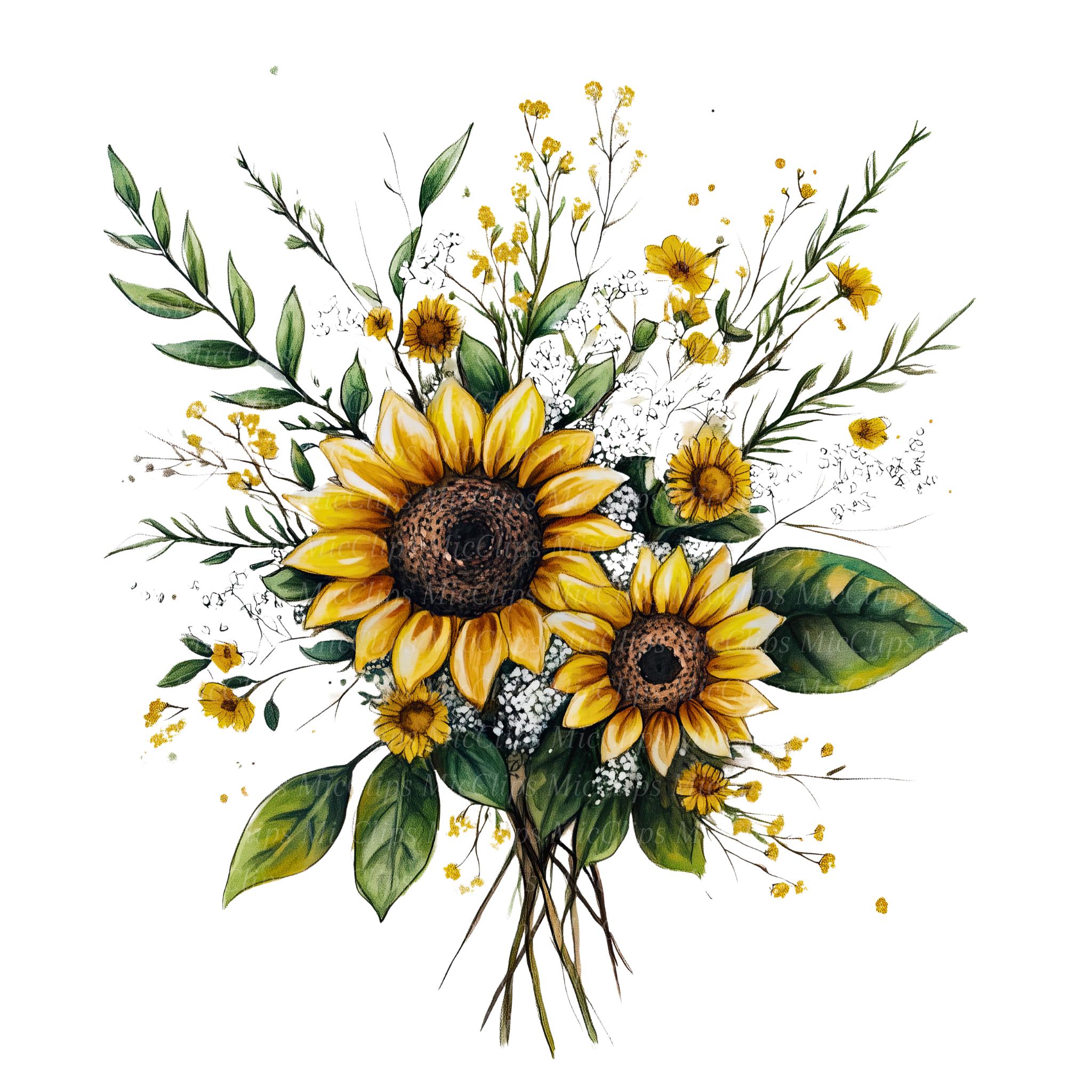 ひまわりの花束の水彩クリップアート、花のイラスト（デジタル