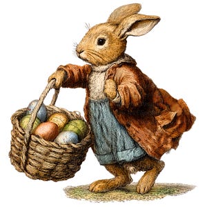 May include: A vintage illustration of a brown rabbit in a brown coat and blue apron, carrying a basket of decorated Easter eggs. The rabbit is walking on grass, set against a white backdrop.
