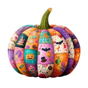 May include: A colorful, patchwork pumpkin with a green stem. The pumpkin is made of various fabric patches in shades of orange, purple, teal, and pink, each decorated with Halloween-themed images like bats, jack-o'-lanterns, and hats.