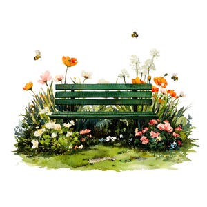 Puede incluir: Ilustración en acuarela de un banco de parque verde rodeado de flores coloridas y vegetación. Las abejas vuelan alrededor de las flores, añadiendo un toque de vida a la escena. La imagen evoca una sensación de calma y naturaleza.