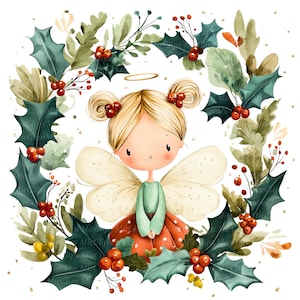 May include: A watercolour illustration of a Christmas angel with blonde hair, wearing a green and red dress, framed by a wreath of holly leaves and red berries. The angel has large wings and a golden halo. The image has a soft, whimsical style.